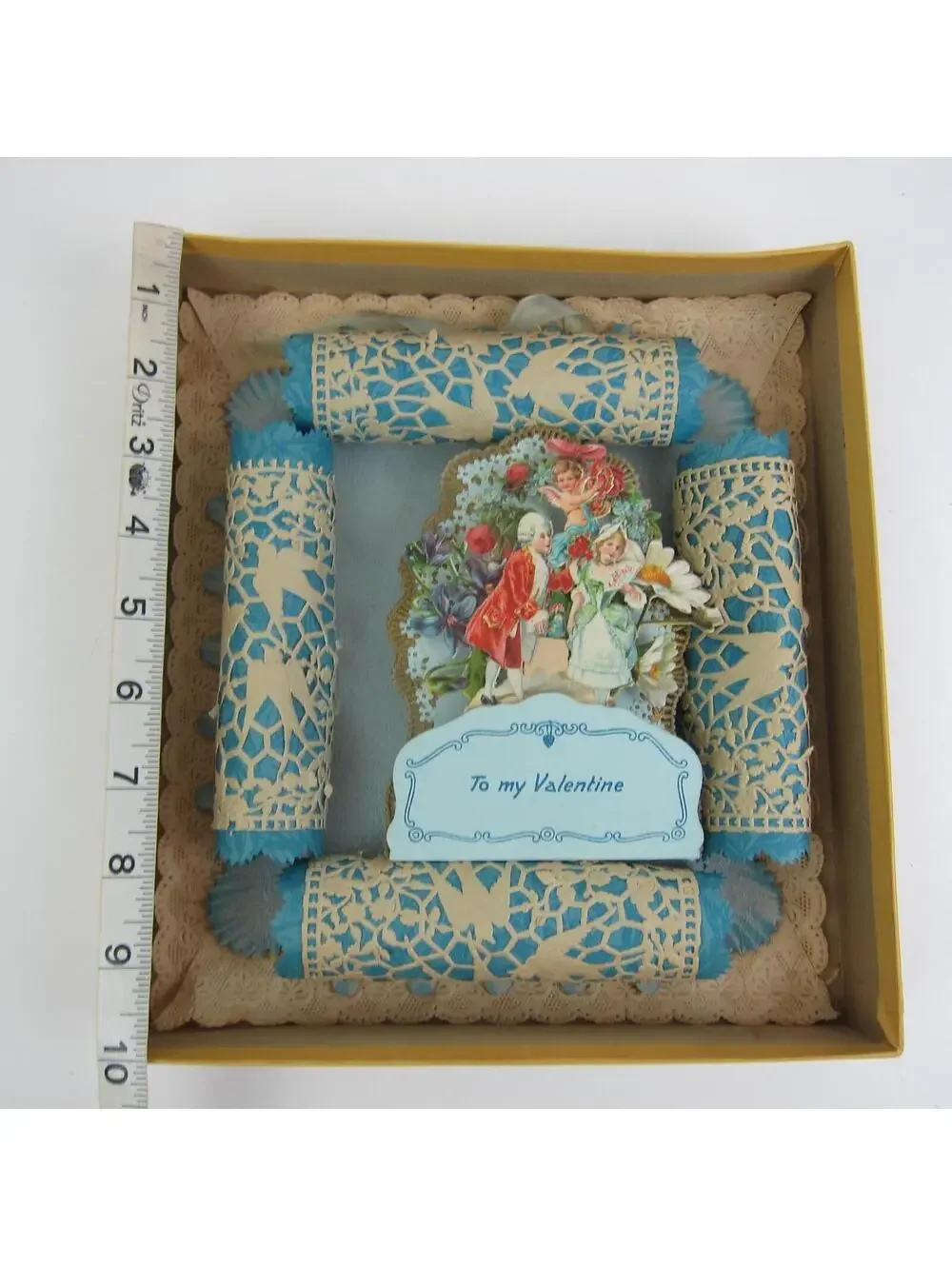 Antique Valentine 3D LARGE Store Box Cupid Boy Girl Blue Flowers Honeycomb RARE